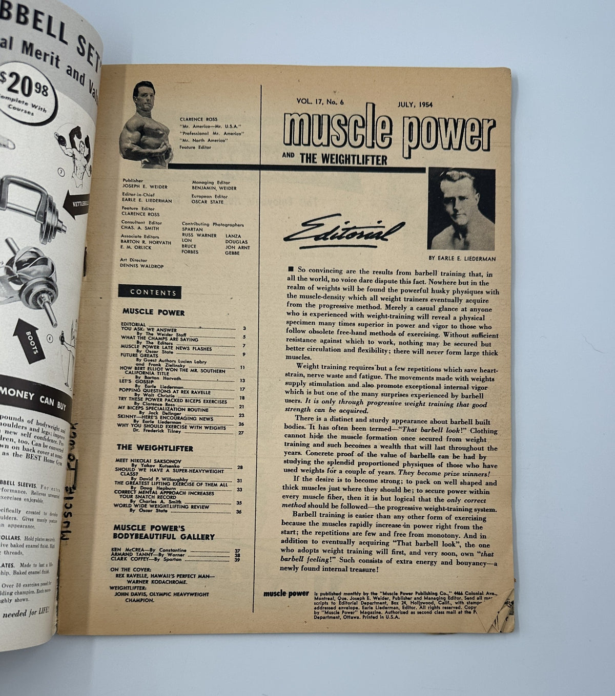 Front cover of Muscle Power Magazine July 1954 featuring editorial section by Earle Liederman, contents list, and introductory remarks about bodybuilding.