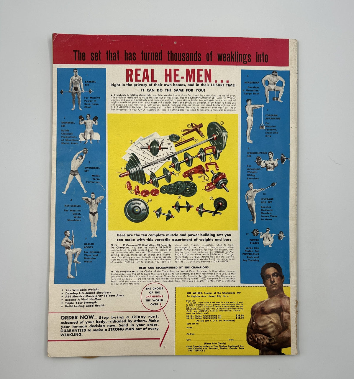 Back cover of Muscle Power Magazine July 1954 showcasing an advertisement for a bodybuilding equipment set, emphasizing strength and fitness transformation.