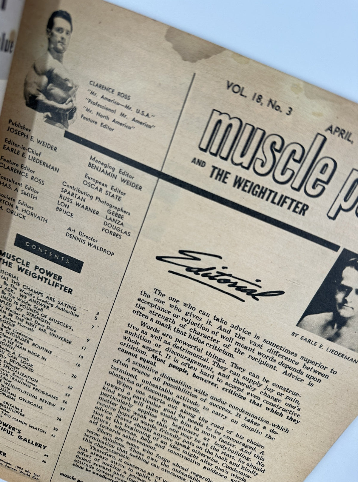 Detailed view of the editorial section from Muscle Power Magazine April 1955, emphasizing insights from Earle L. Liederman about weightlifting advice.