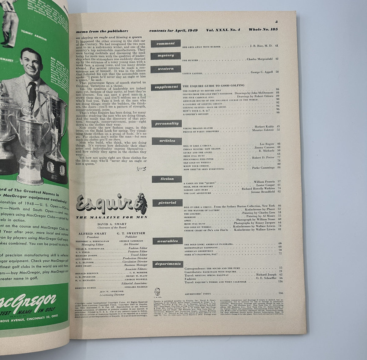 Esquire Magazine April 1949 table of contents page highlighting various articles, including features on golfing and investigations.