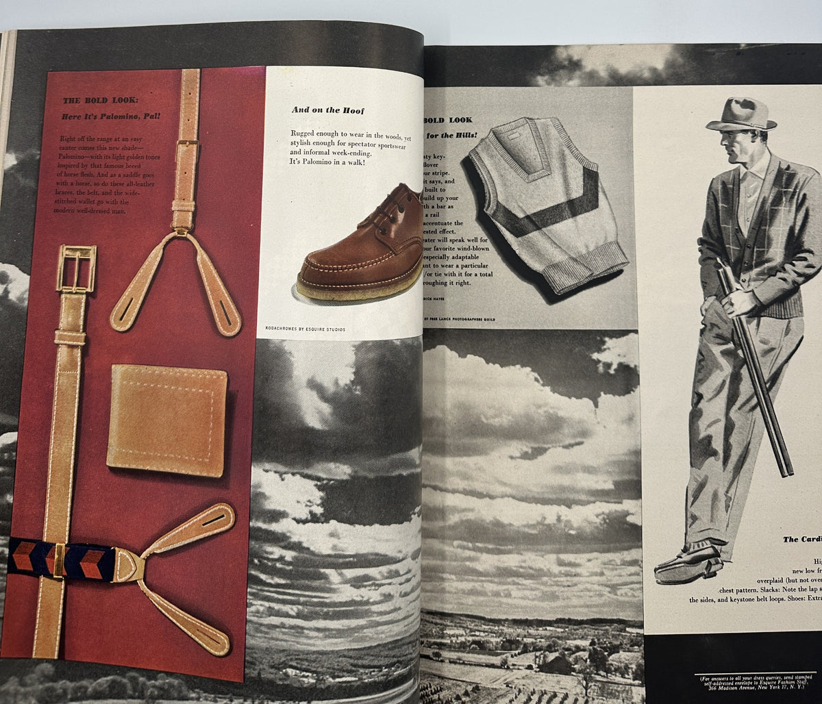 Esquire Magazine April 1949 fashion spread displaying 'The Bold Look' products, featuring stylish accessories and attire for men.