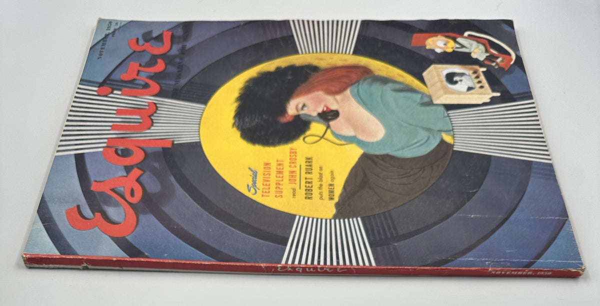 Back cover of Esquire Magazine November 1950 showcasing a vintage design with a woman talking on the phone, prominently featuring the Television Supplement and Robert Ruark.