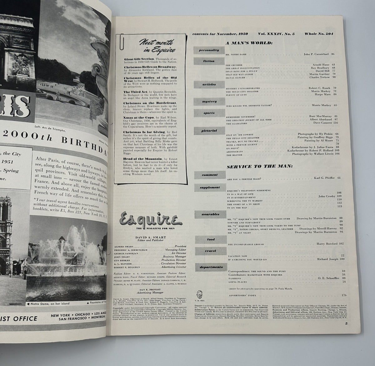 Table of contents page from Esquire Magazine November 1950 listing features such as articles and stories by notable writers, including the Television Supplement.