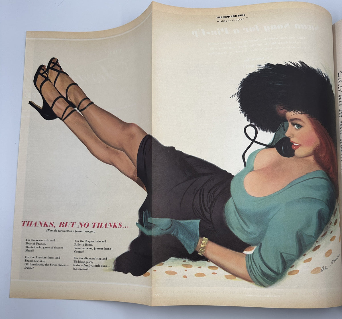 Interior page of Esquire Magazine November 1950 displaying an illustration of a woman reclining, titled 'Thanks, But No Thanks...', part of the Television Supplement.