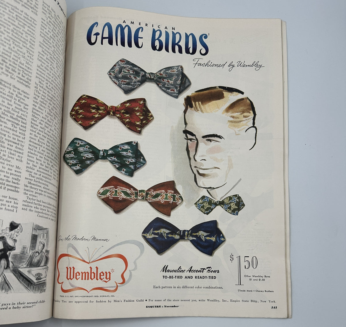 Advertisement page from Esquire Magazine November 1950 presenting fashionable bow ties from Wembley, showing a collection featured within the magazine.