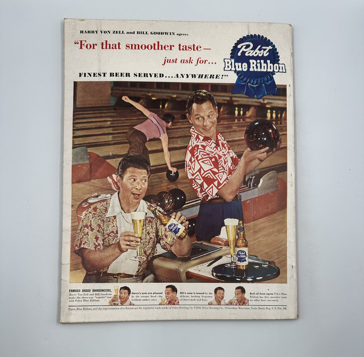 Esquire Magazine November 1950 cover featuring bowlers promoting Pabst Blue Ribbon beer, includes a colorful design and vintage advertising.