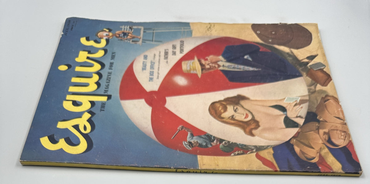 Cover of Esquire Magazine July 1950 featuring a pinup girl next to a beach ball, illustrating themes of beauty and summer fun.