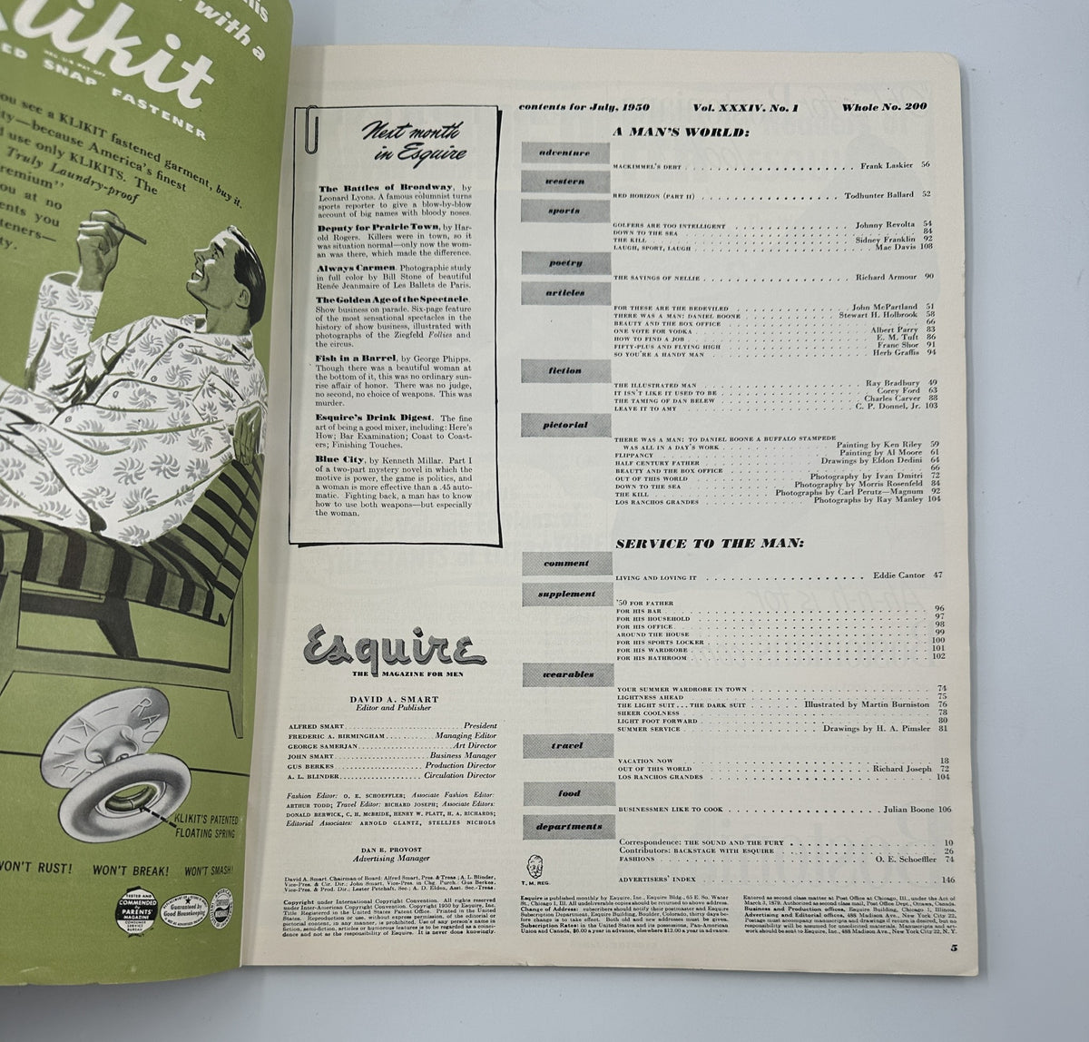 Inside page of Esquire Magazine July 1950 displaying the Table of Contents, highlighting various articles and features of the issue.