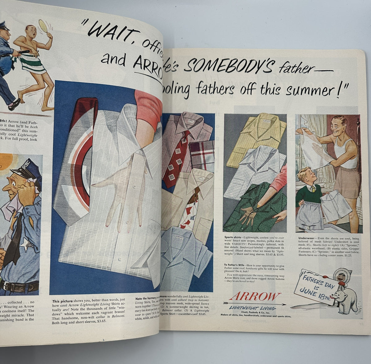 Promotional page from Esquire Magazine July 1950 advertising shirts and styles for Father's Day, incorporating colorful illustrations and playful messaging.