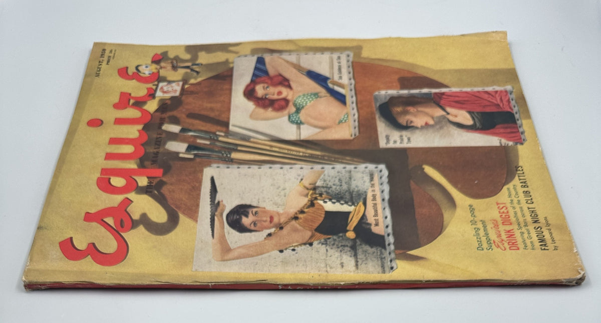 Back cover view of Esquire Magazine August 1950 displaying colorful pinups and an artistic arrangement of tools, as part of its rich content including articles and features.
