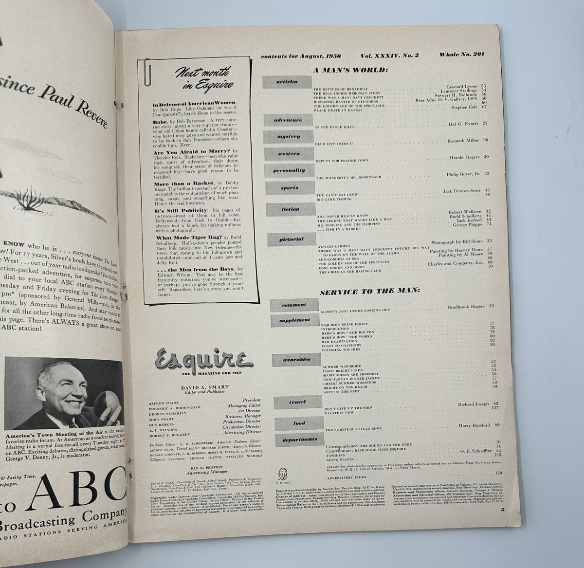 Inside page of Esquire Magazine August 1950 showing the table of contents listing various articles such as 'The Real Ingrid Bergman Story' and 'Davy Crockett' along with additional features in the magazine.