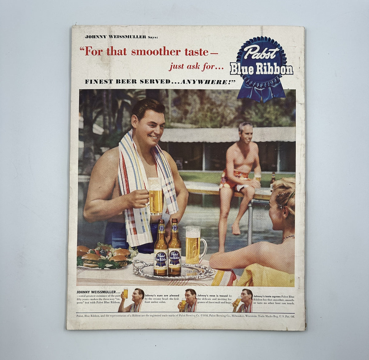 Esquire Magazine September 1950 Bob Hope Beauty and Publicity Custer w Pinup featuring Johnny Weissmuller promoting Pabst Blue Ribbon beer, lounging by a pool with friends, capturing leisure and lifestyle trends of the 1950s.