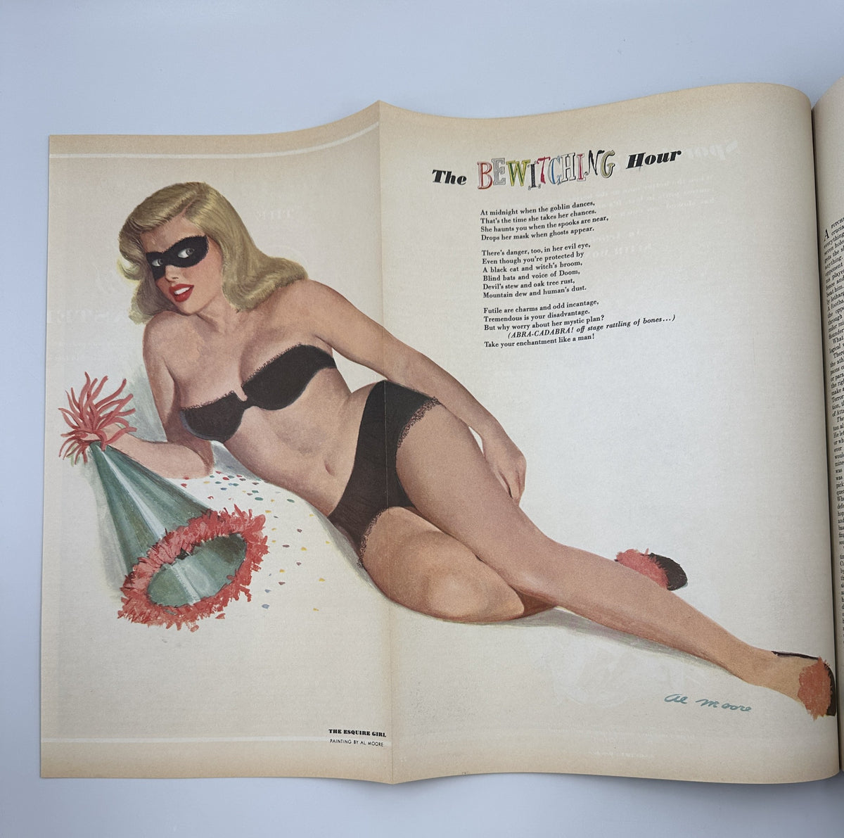 Artistic pinup illustration titled 'The Bewitching Hour' from Esquire Magazine October 1950, showcasing a glamorous model in a playful pose, part of the content from 'Esquire Magazine October 1950 Robert C. Ruark Football Special Sooners w Pinup'.