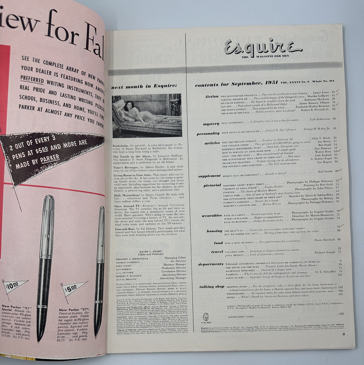 Inside content page of Esquire Magazine September 1951, featuring table of contents with editorial details and a layout showcasing upcoming articles and features.