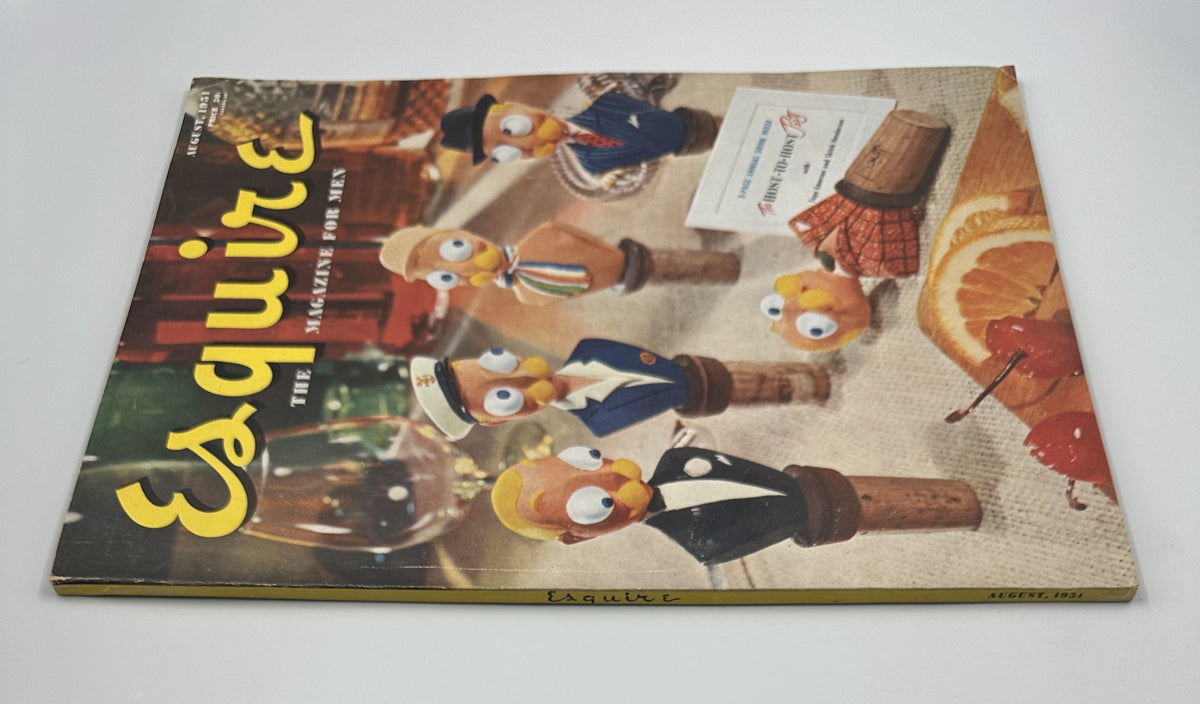 Alternative view of the August 1951 cover of Esquire Magazine, showcasing playful cork figures, emphasizing the magazine's unique design and theme, highlighting drink mixer content.