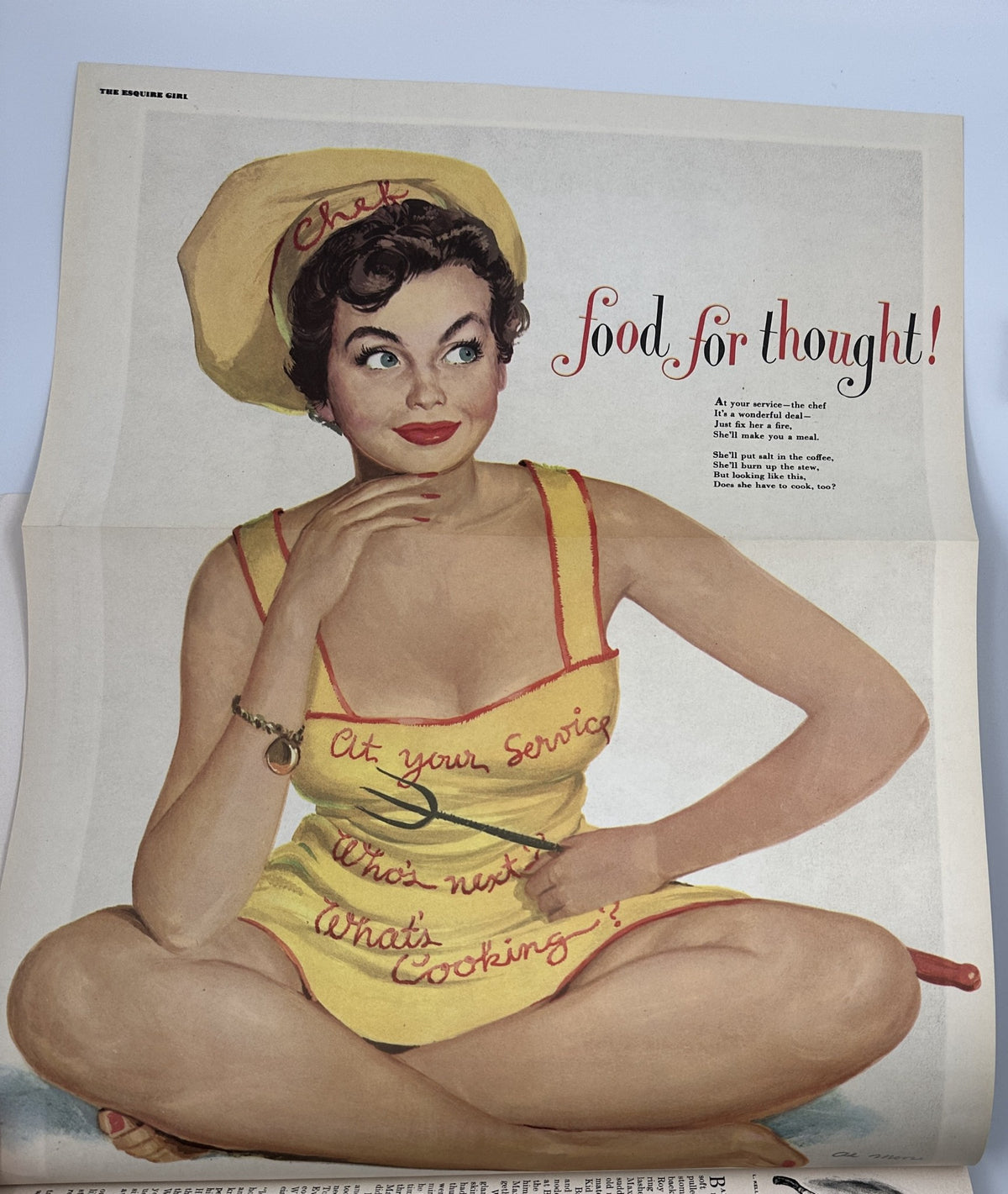 Esquire Magazine August 1951 cover featuring a pinup illustration of a woman in a yellow outfit with the text 'Chef at your service'. Highlights vintage fashion and art style.