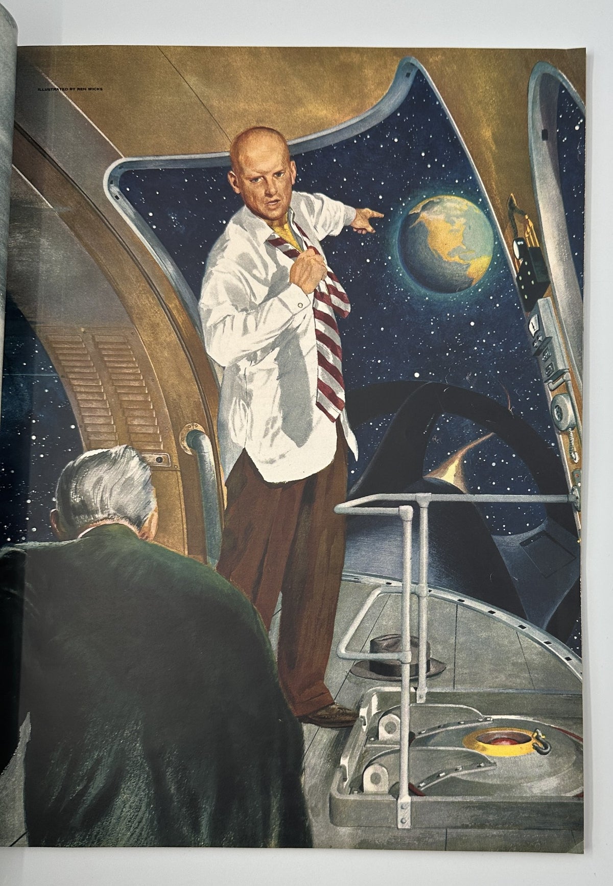 Esquire Magazine August 1951 page showcasing a conceptual illustration of a man in a spaceship pointing at the Earth, representing futuristic themes of exploration and discovery.