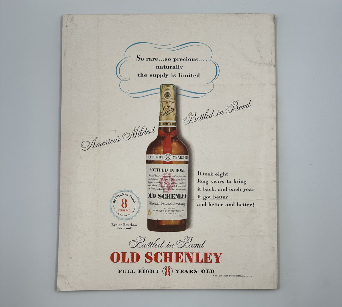 Esquire Magazine August 1951 advertisement for Old Schenley whiskey, highlighting its premium quality and history, emphasizing its rarity and smoothness.