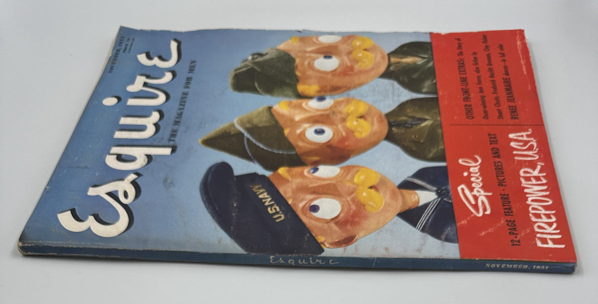 Cover of Esquire Magazine November 1951 featuring cartoonish army figures with the headline 'Special Feature: Firepower USA.'