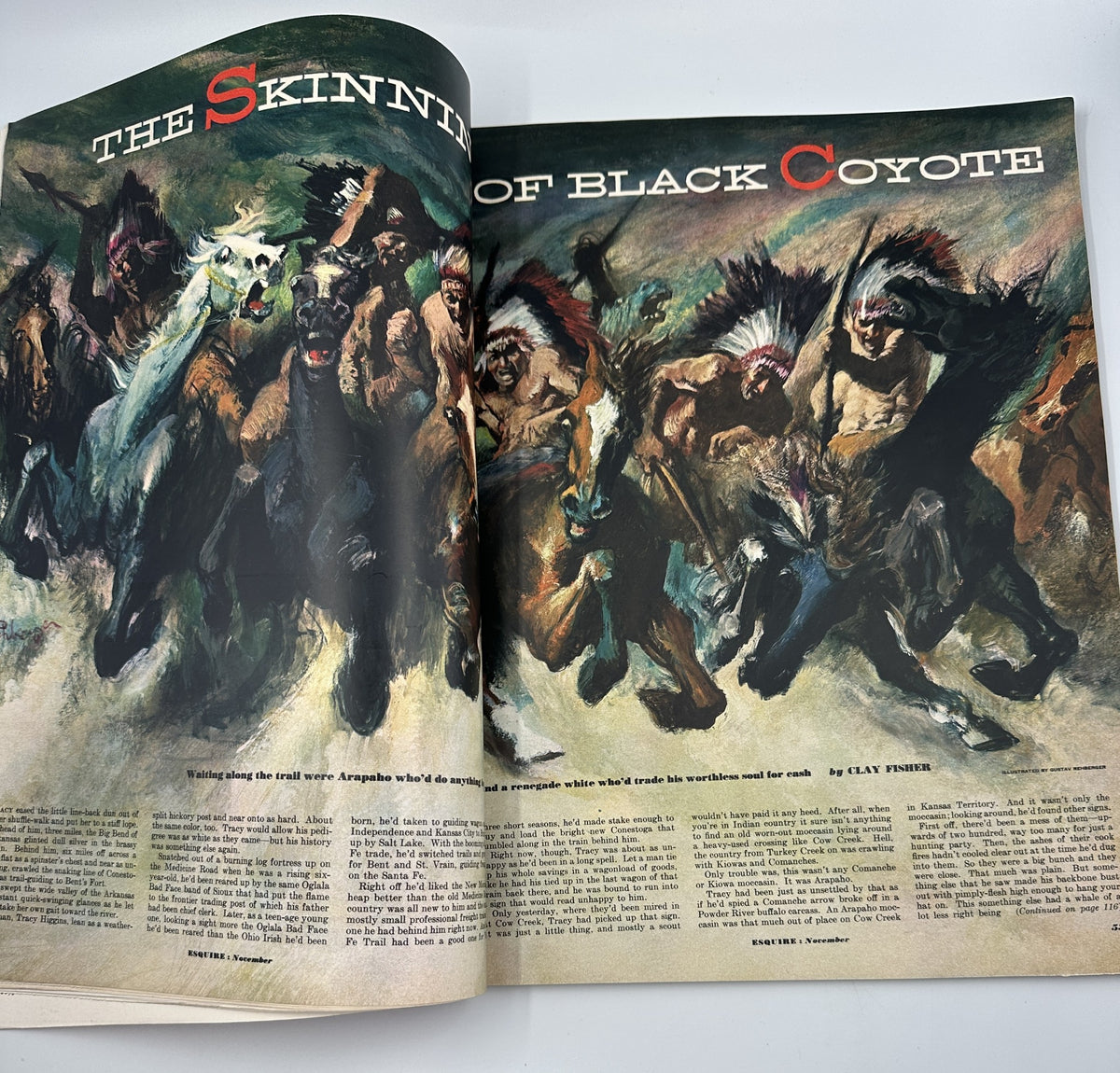 Illustrated article titled 'The Skinning of Black Coyote' in Esquire Magazine November 1951, featuring energetic horse and rider imagery.