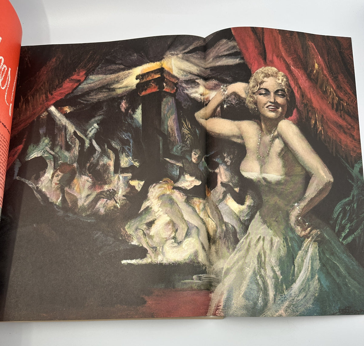 Illustration from Esquire Magazine December 1951 depicting a lively scene with a glamorous performer in a night club, capturing the festive spirit of the era.