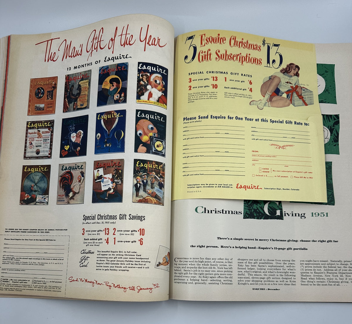 Esquire Magazine December 1951 showcasing a page with multiple covers of Esquire magazine and a promotional offer for special Christmas gift subscriptions.
