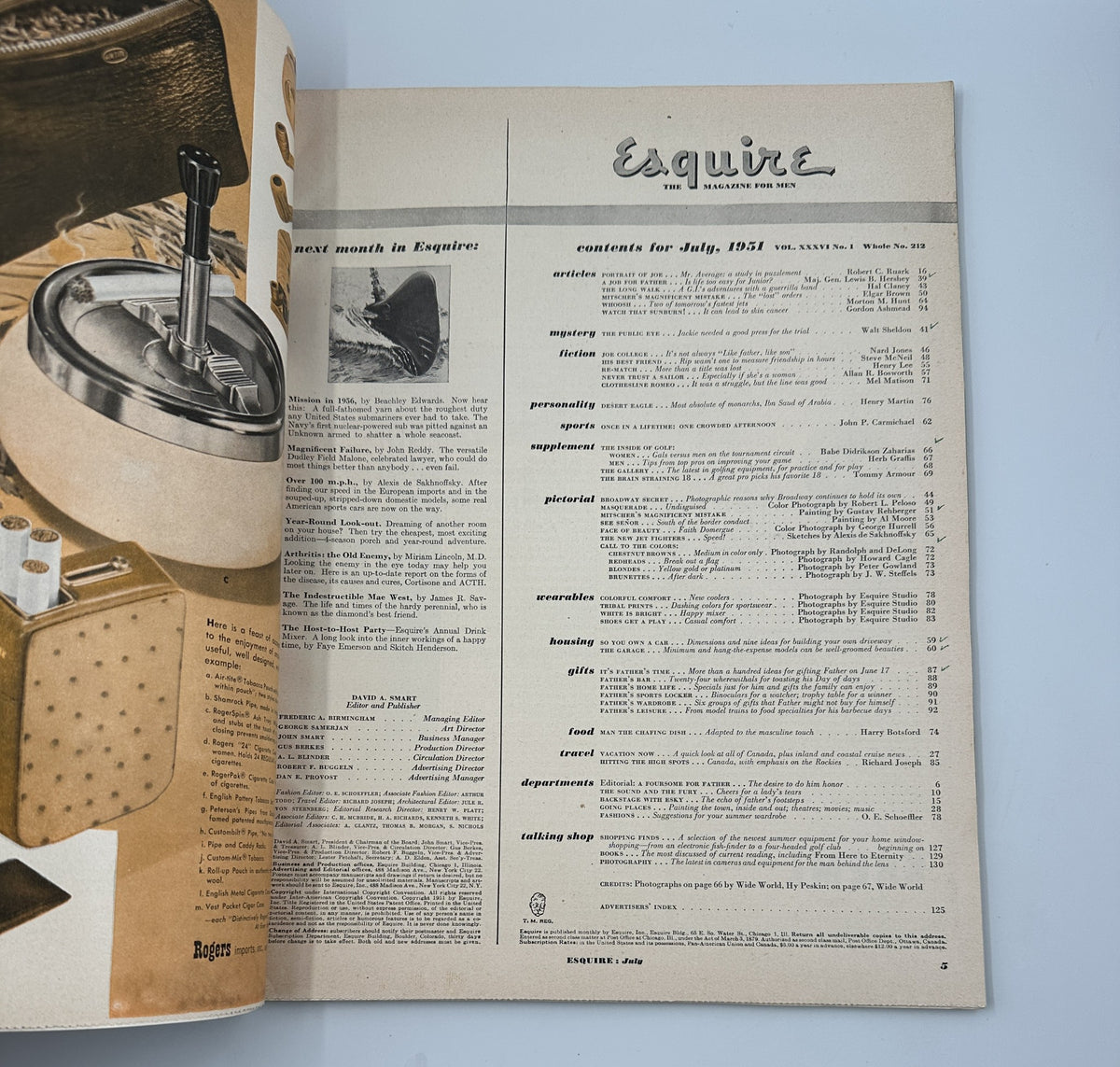 Interior page of Esquire Magazine July 1951 displaying the table of contents with articles listed, emphasizing the magazine's features for the month.