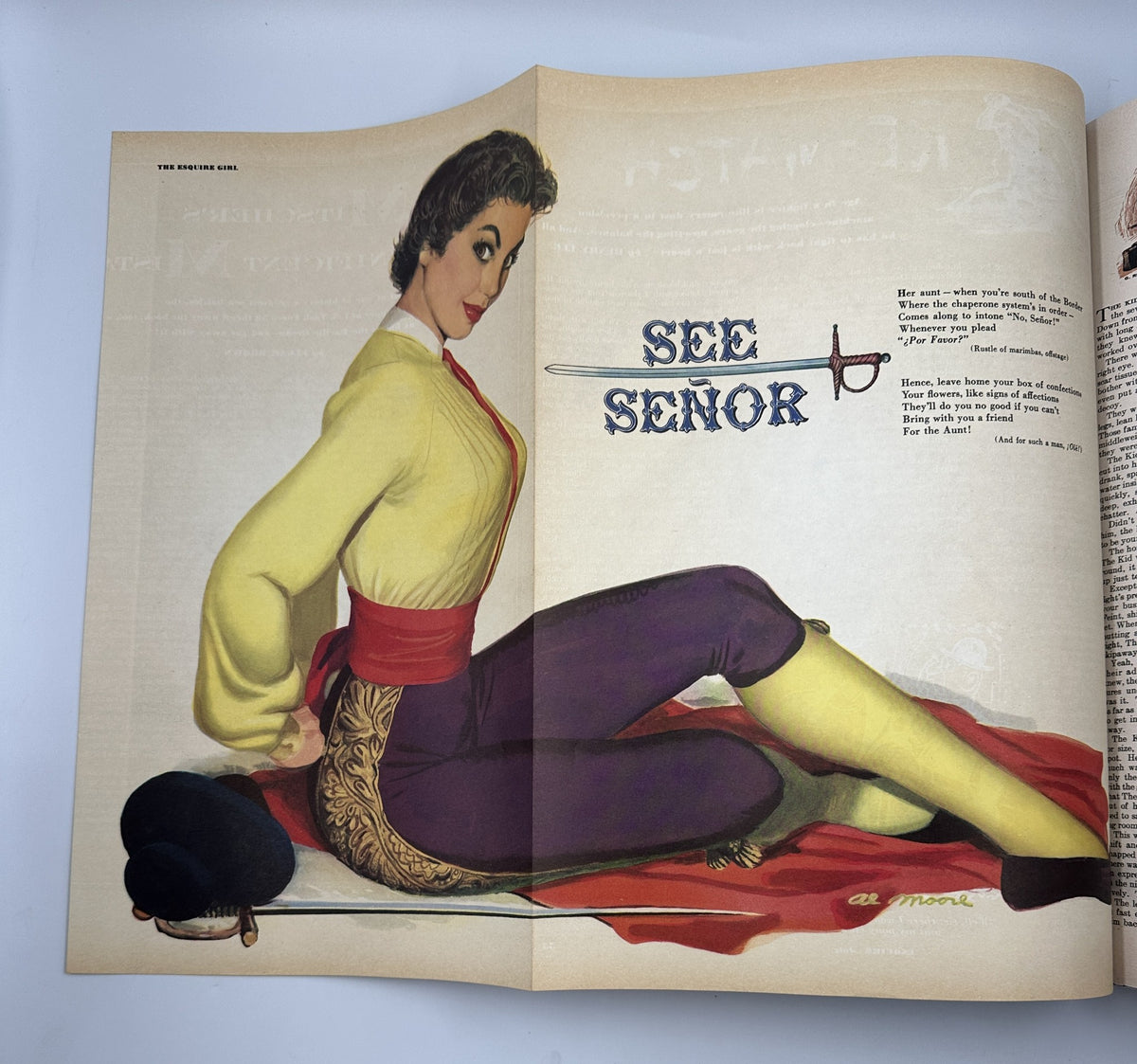 A stylish pinup illustration from Esquire Magazine July 1951, titled 'See Señor,' showcasing a woman in vibrant clothing.