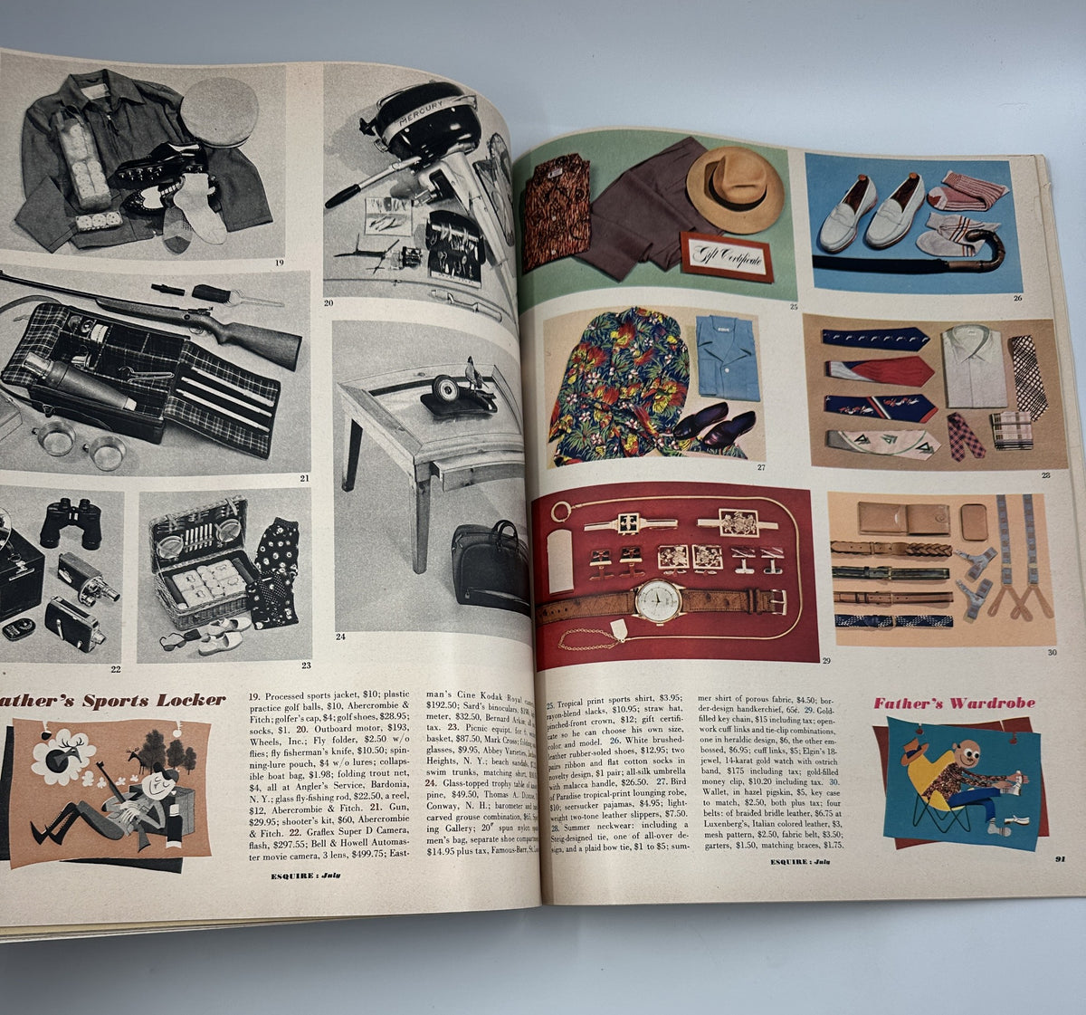 Esquire Magazine July 1951 layout showcasing items for 'Father's Sports Locker' and 'Father's Wardrobe', highlighting various gifts and accessories suitable for Father's Day.