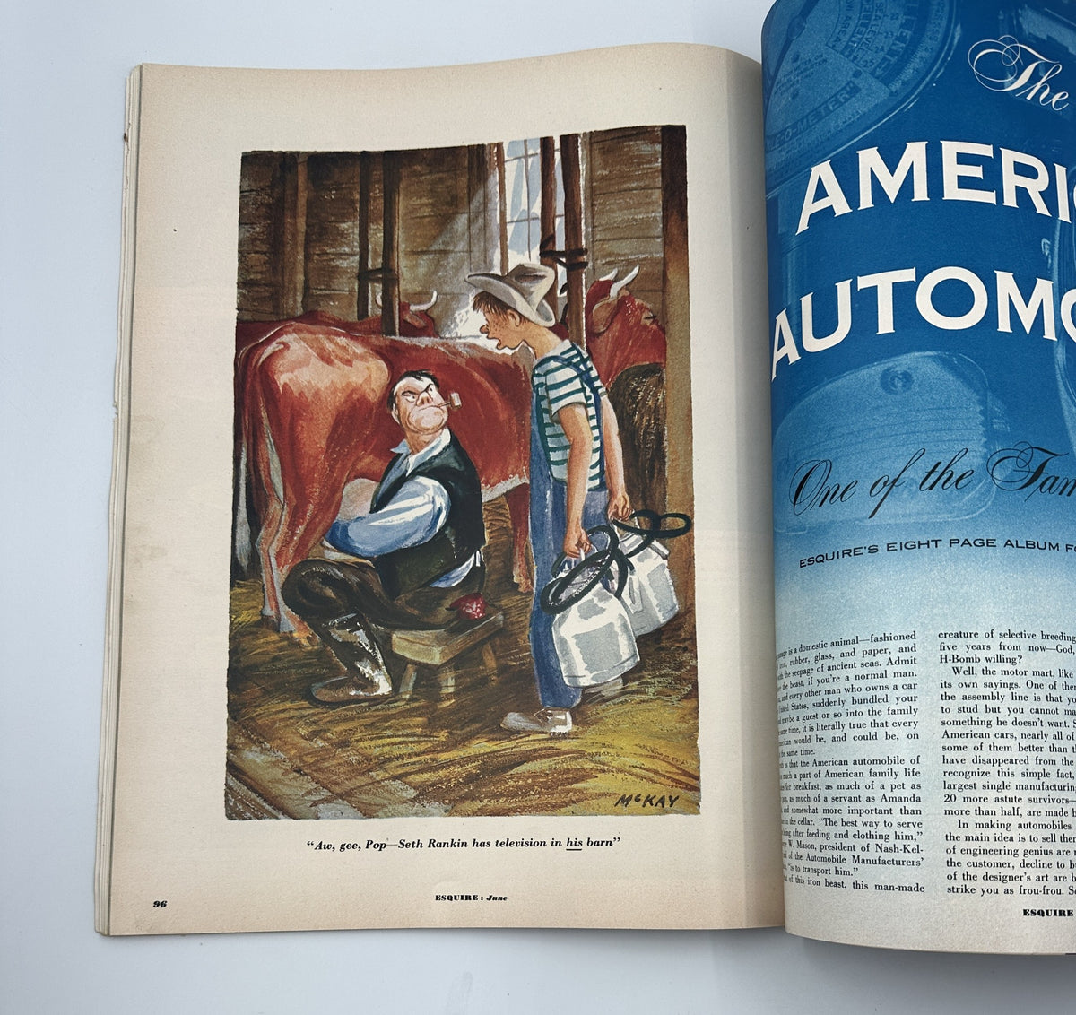 Illustration from Esquire Magazine June 1951 depicting a farm scene with a farmer and cows, part of the article content related to 'Denise Darcel Texas Automobile Show Fiction w Pinup'.