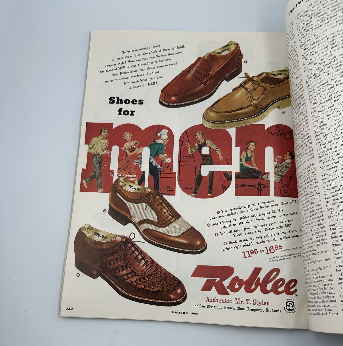 Esquire Magazine June 1951 features an advertisement for Roblee shoes for men, showcasing various styles including casual and formal options. Ideal for collectors of vintage fashion and accessories.