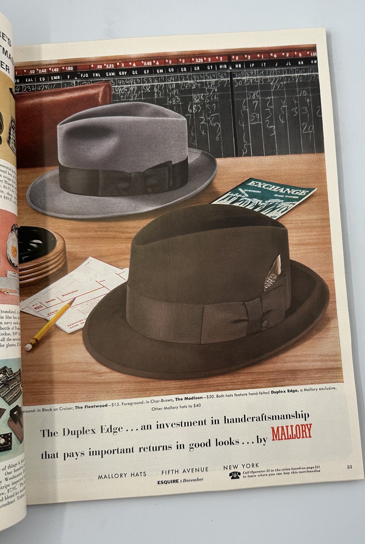 Advertisement from December 1954 Esquire Magazine showcasing Mallory hats with a focus on craftsmanship and style.
