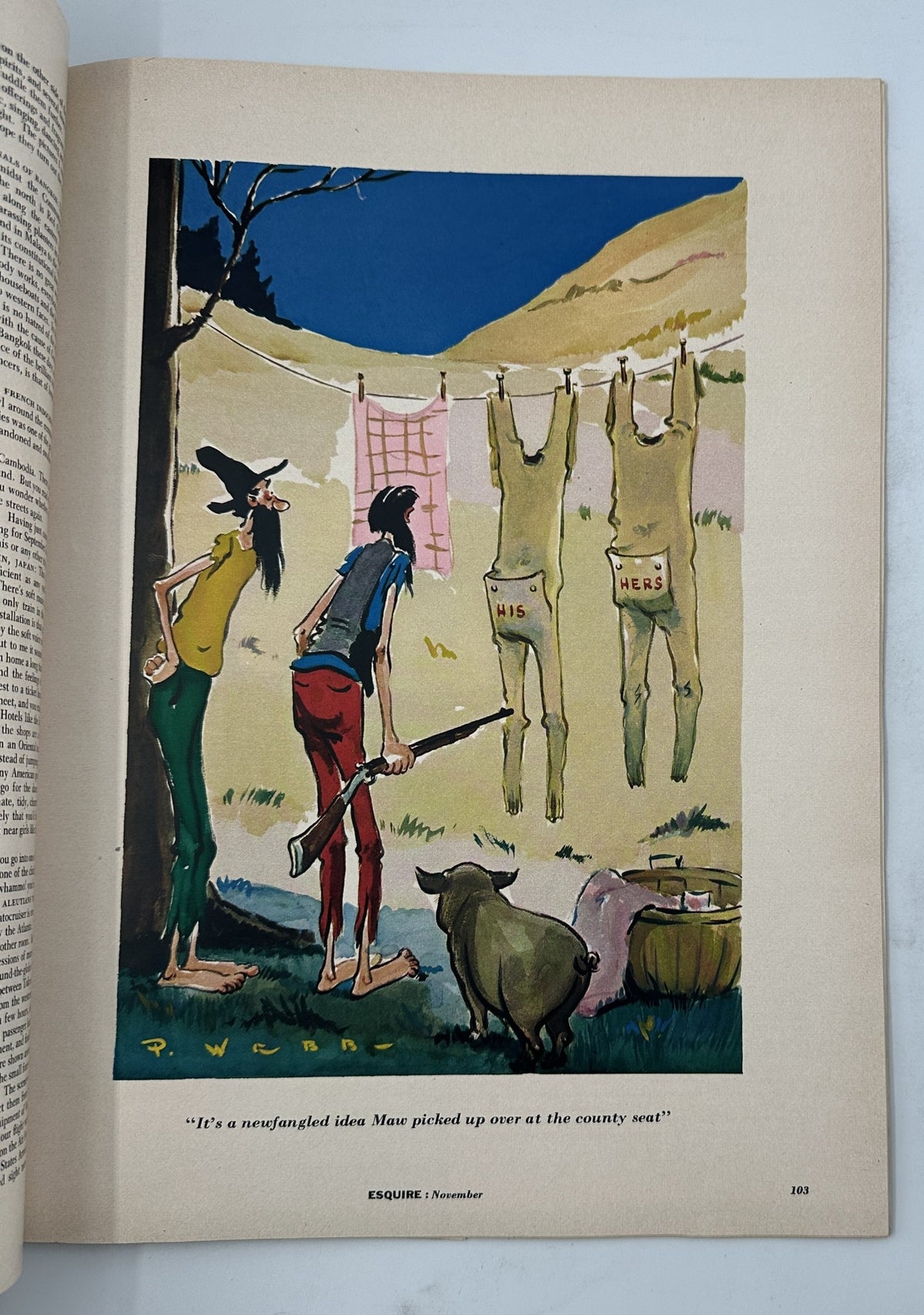 Illustration in Esquire Magazine November 1954 depicting a humorous scene with characters observing laundry on a clothesline, adding a quirky touch to the magazine's content.