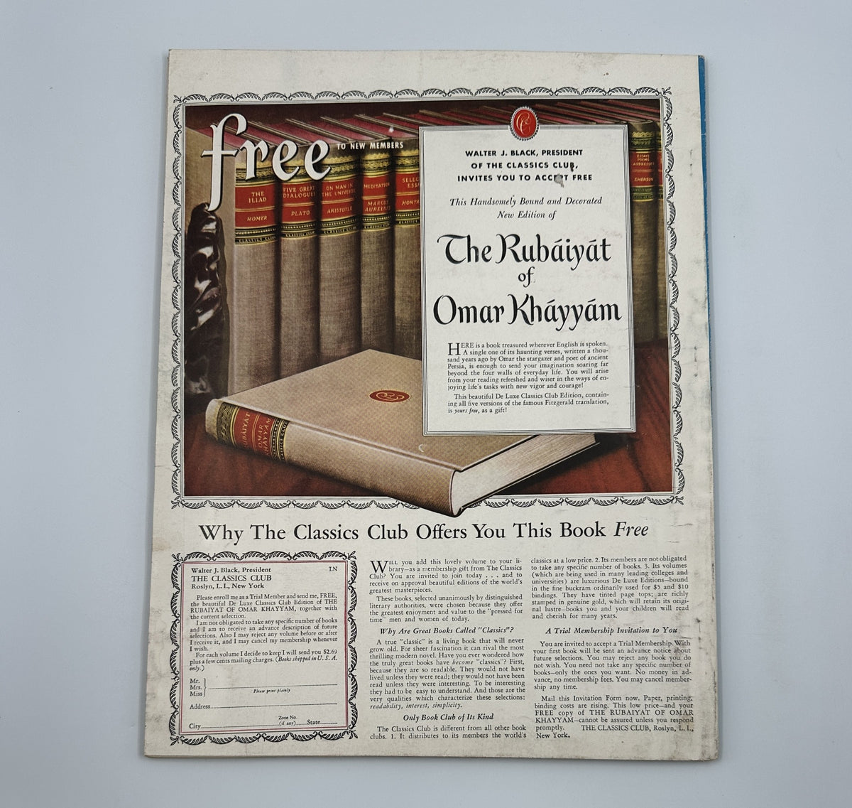 Advert for 'The Rubáiyát of Omar Khayyám' in Esquire Magazine August 1954, promoting the book with decorative elements.