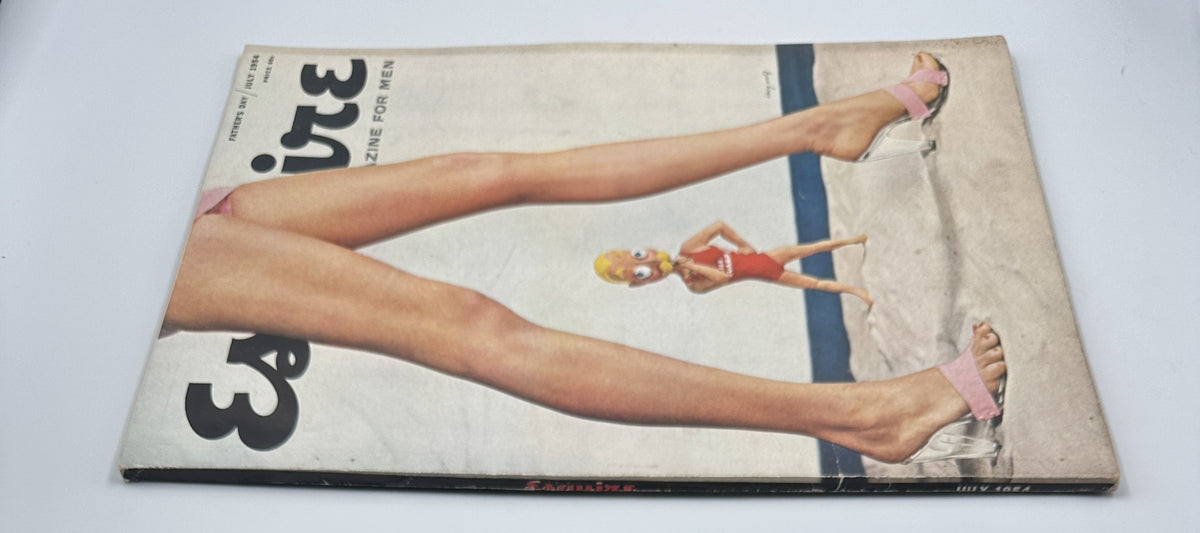 Esquire Magazine July 1954 cover showing female legs in stylish high heels and a cartoonish child figure, with a playful Father's Day theme.