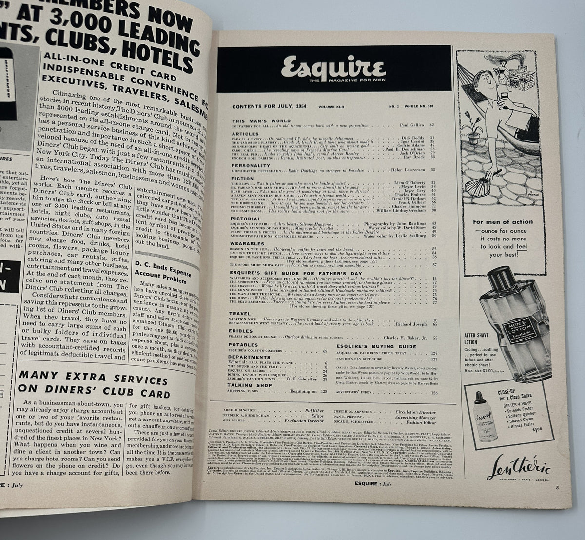 Inside page of Esquire Magazine July 1954 displaying the contents overview, featuring articles and features for the month.