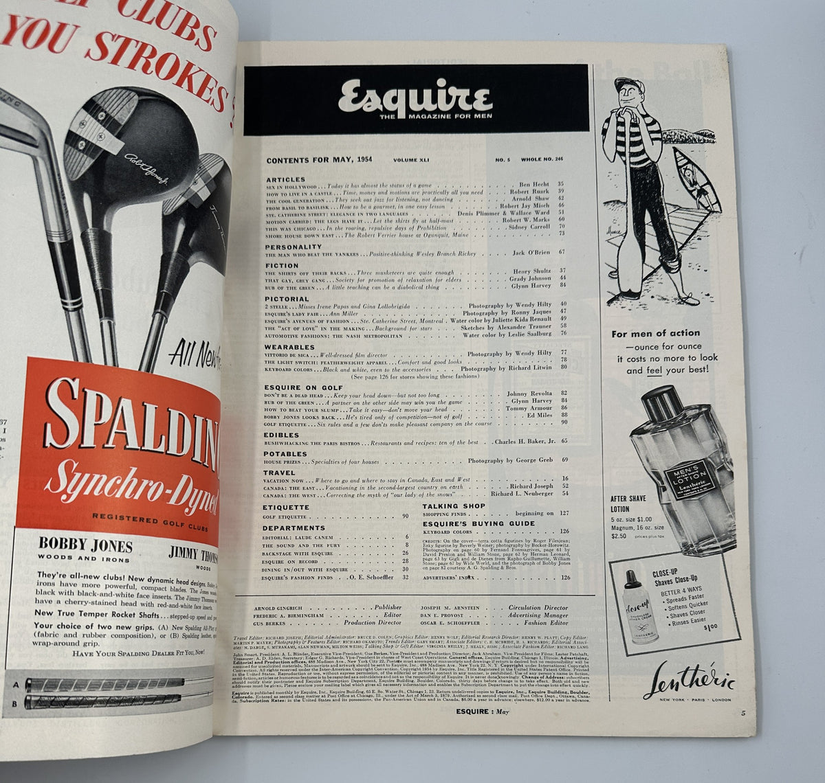 Inner contents page of Esquire Magazine May 1954, listing articles and features including Golf Etiquette and Personality sections.