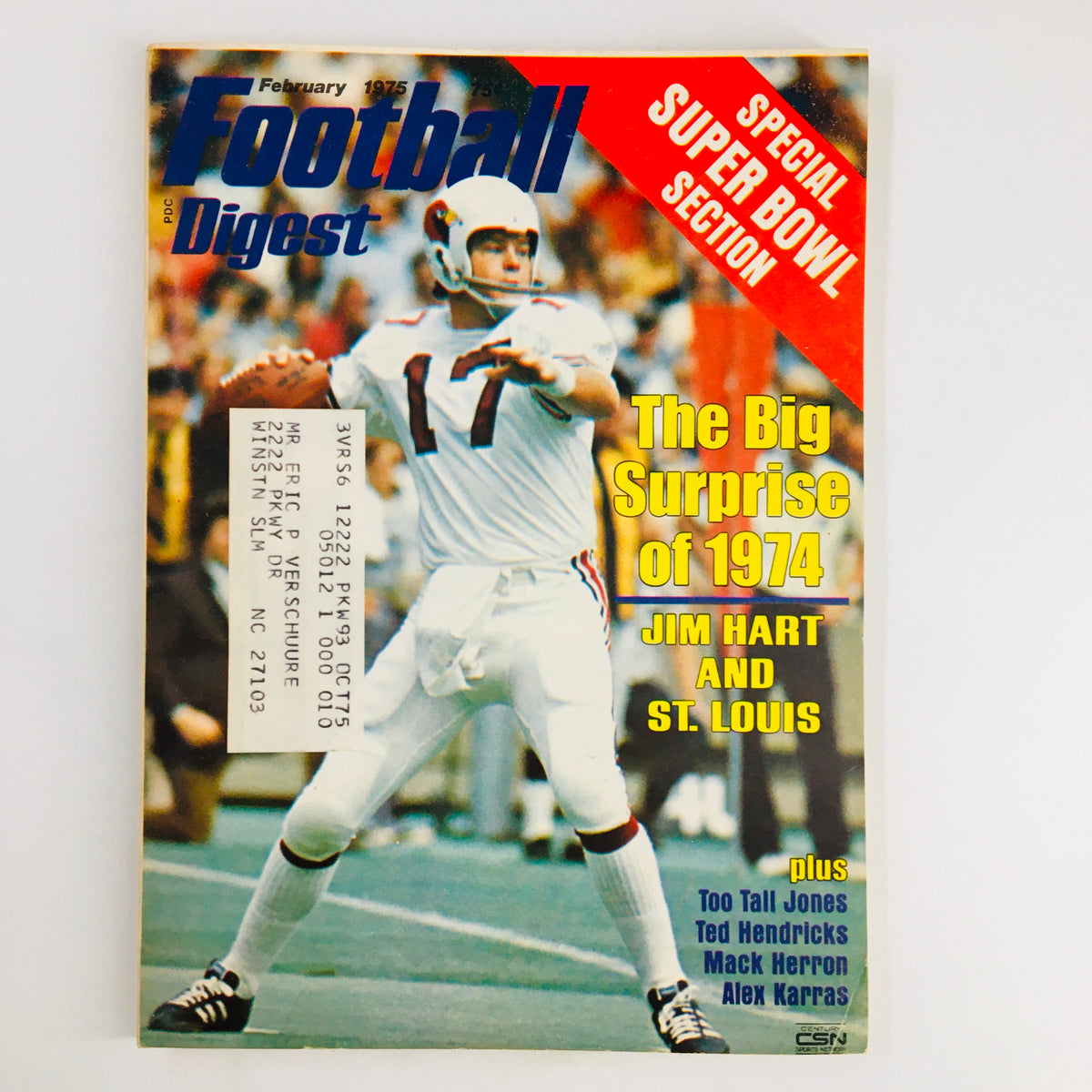 Vintage Football Digest Magazine February 1975 featuring Jim Hart and the St. Louis Cardinals on the cover showcasing 'The Big Surprise of 1974' with a special Super Bowl section.