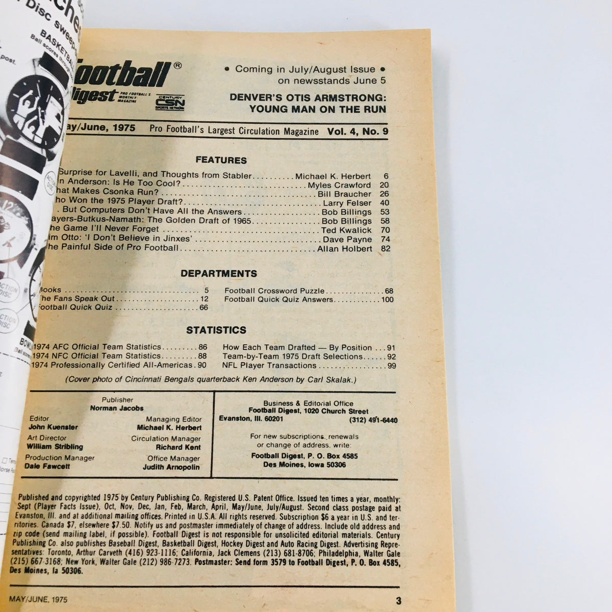 Interior page of the June 1975 Football Digest magazine featuring an article about NFL quarterback Ken Anderson titled 'Is He Too Cool?' This vintage sports magazine displays columns, statistics, and features, making it a valuable collector's item.