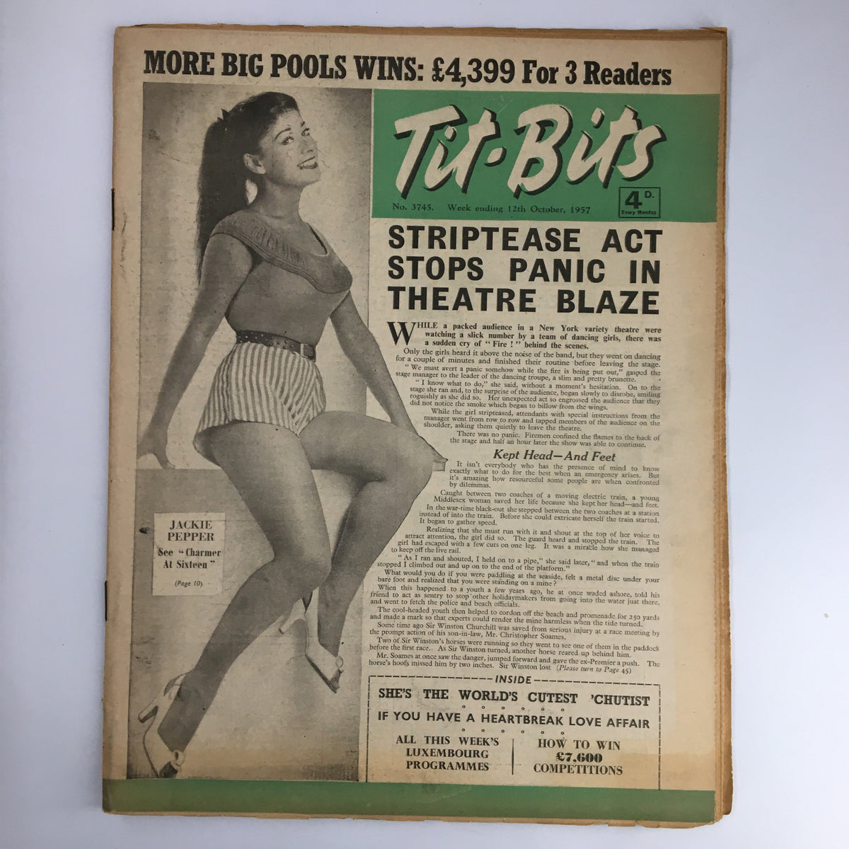 VTG Tit-Bits Magazine October 1957 featuring Jackie Pepper on the cover, with headlines about a striptease act that stopped panic in a theatre blaze. The magazine exemplifies vintage publication aesthetics from the mid-20th century.
