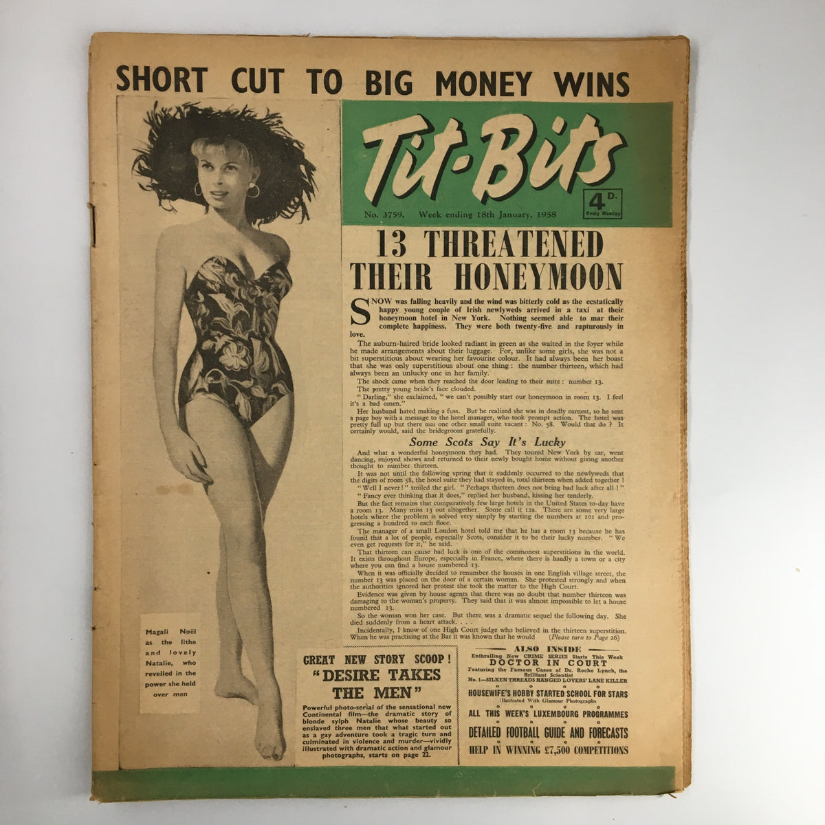 VTG Tit-Bits Magazine January 1958 featuring a cover image of Magali Noel in a floral swimsuit, highlighting an article titled '13 Threatened Their Honeymoon'.