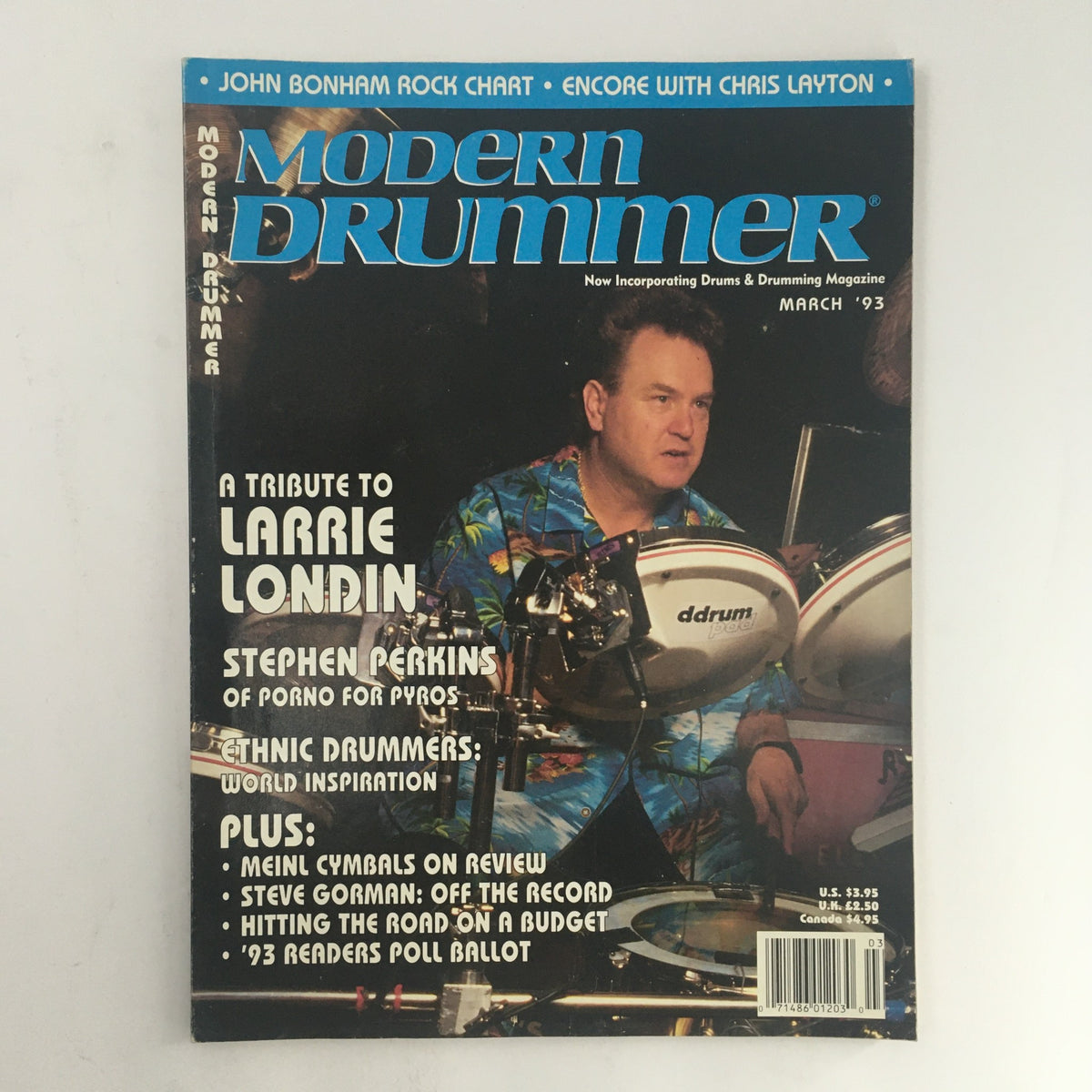 Modern Drummer Magazine March 1993 featuring a tribute to Larrie Londin and Stephen Perkins. The cover showcases a drummer in action with vibrant graphics and important articles on drumming culture.