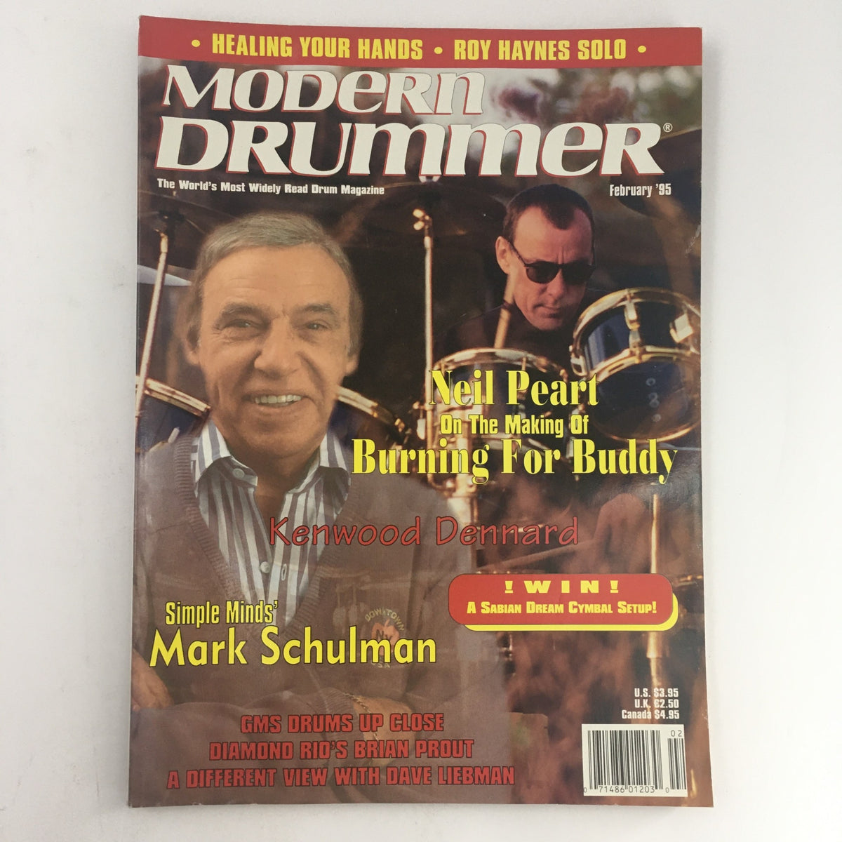 Cover of Modern Drummer Magazine February 1995 featuring Neil Peart, Kenwood Dennard, and Mark Schulman, focusing on drumming insights and techniques.