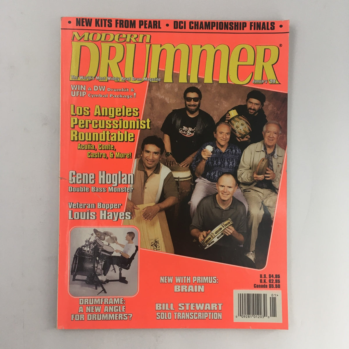 Modern Drummer Magazine January 1998 featuring Gene Hoglan, Louis Hayes, and a percussionist roundtable. The cover highlights various drummers, including Gene Hoglan as the 'Double Bass Monster' and Louis Hayes, along with articles on drum techniques and equipment.