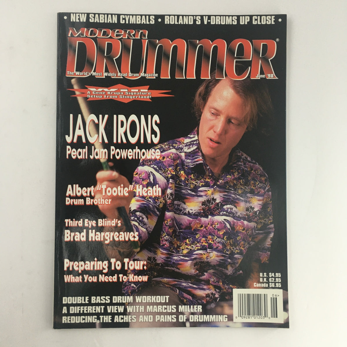 Cover of Modern Drummer Magazine June 1998 featuring Jack Irons, Albert Heath, and Brad Hargreaves, showcasing notable drummers and articles on drumming techniques, with an artistic background and magazine details in bold text.