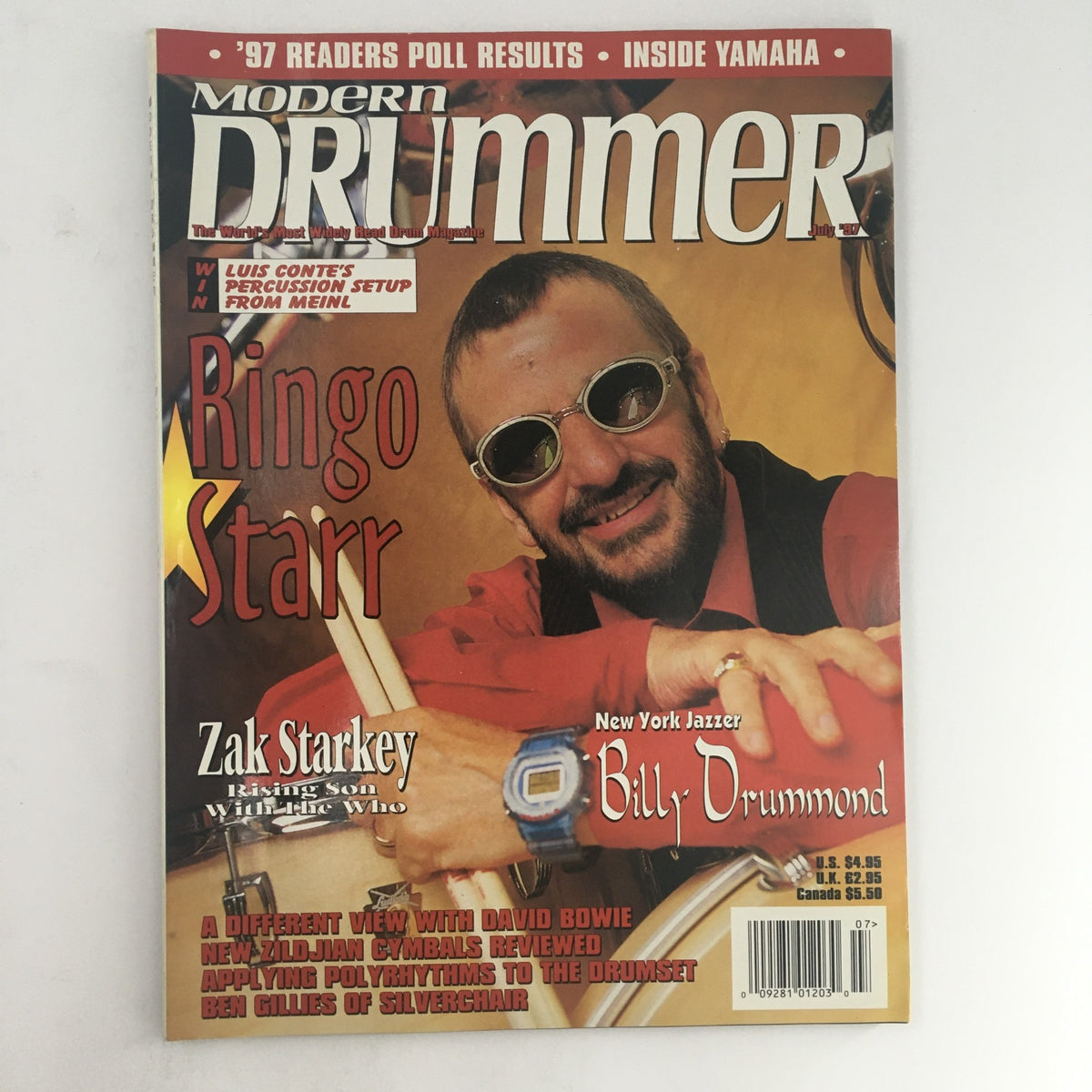 Cover of Modern Drummer Magazine July 1997 featuring Ringo Starr, Zak Starkey, and Billy Drummond. This vintage issue showcases prominent drummers and includes insightful articles on drumming techniques.