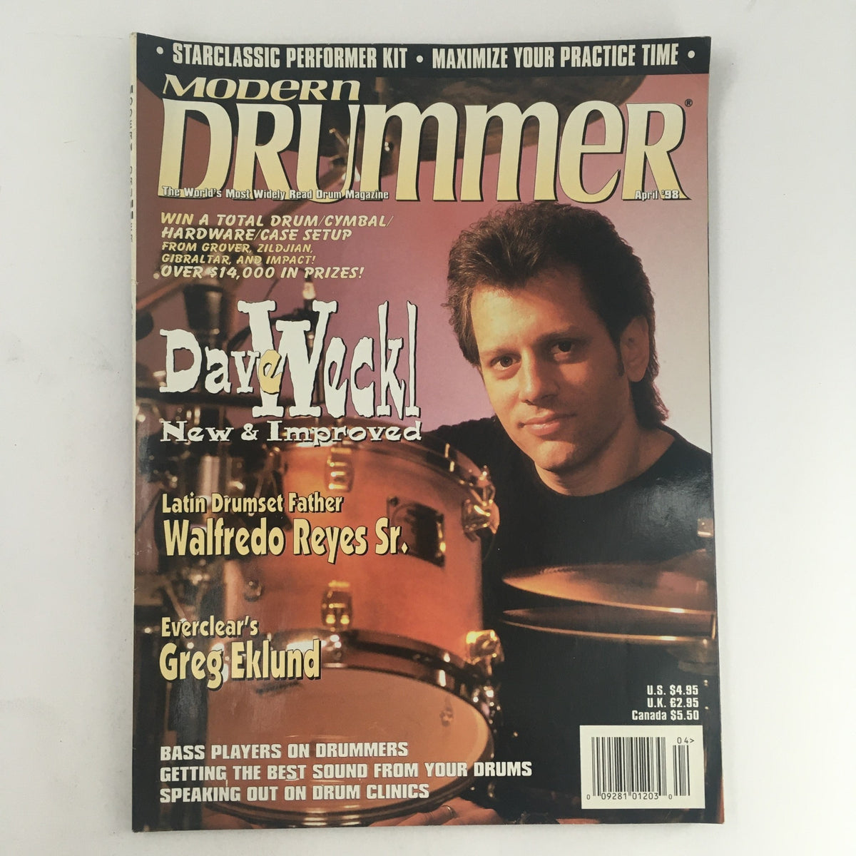 Modern Drummer Magazine April 1998 cover featuring drummers Dave Weckl, Walfredo Reyes Sr., and Greg Eklund, highlighting articles on drumming techniques and tips.