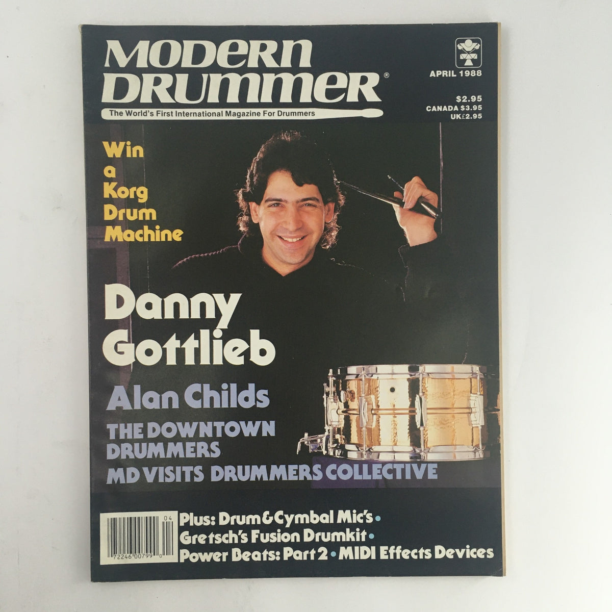 Cover of Modern Drummer Magazine, April 1988 featuring Danny Gottlieb and Alan Childs, showcasing drumming insights and techniques.