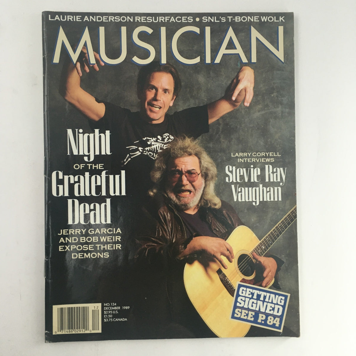 Musician Magazine December 1989 cover featuring Larry Coryell interviewing Stevie Ray Vaughan, highlighting the Night of the Grateful Dead with an image of Jerry Garcia and Bob Weir. The magazine is in Very Good condition, showcasing iconic musicians and notable features.
