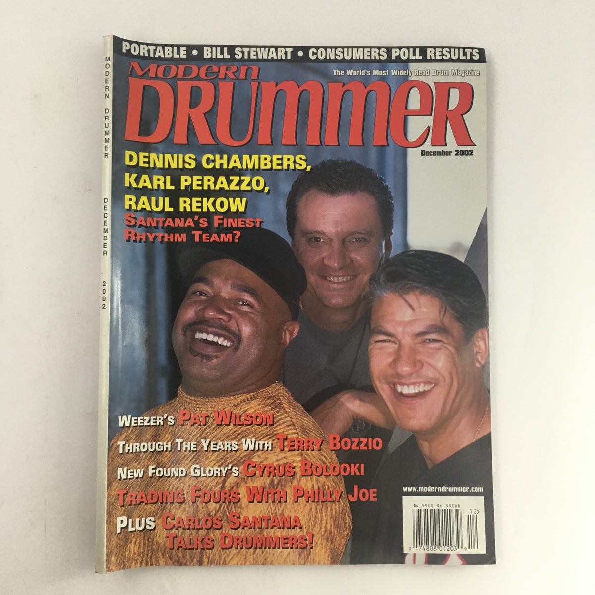 Cover of Modern Drummer Magazine December 2002 featuring Dennis Chambers, Karl Perazzo, and Raul Rekow, showcasing their impact on drumming culture.